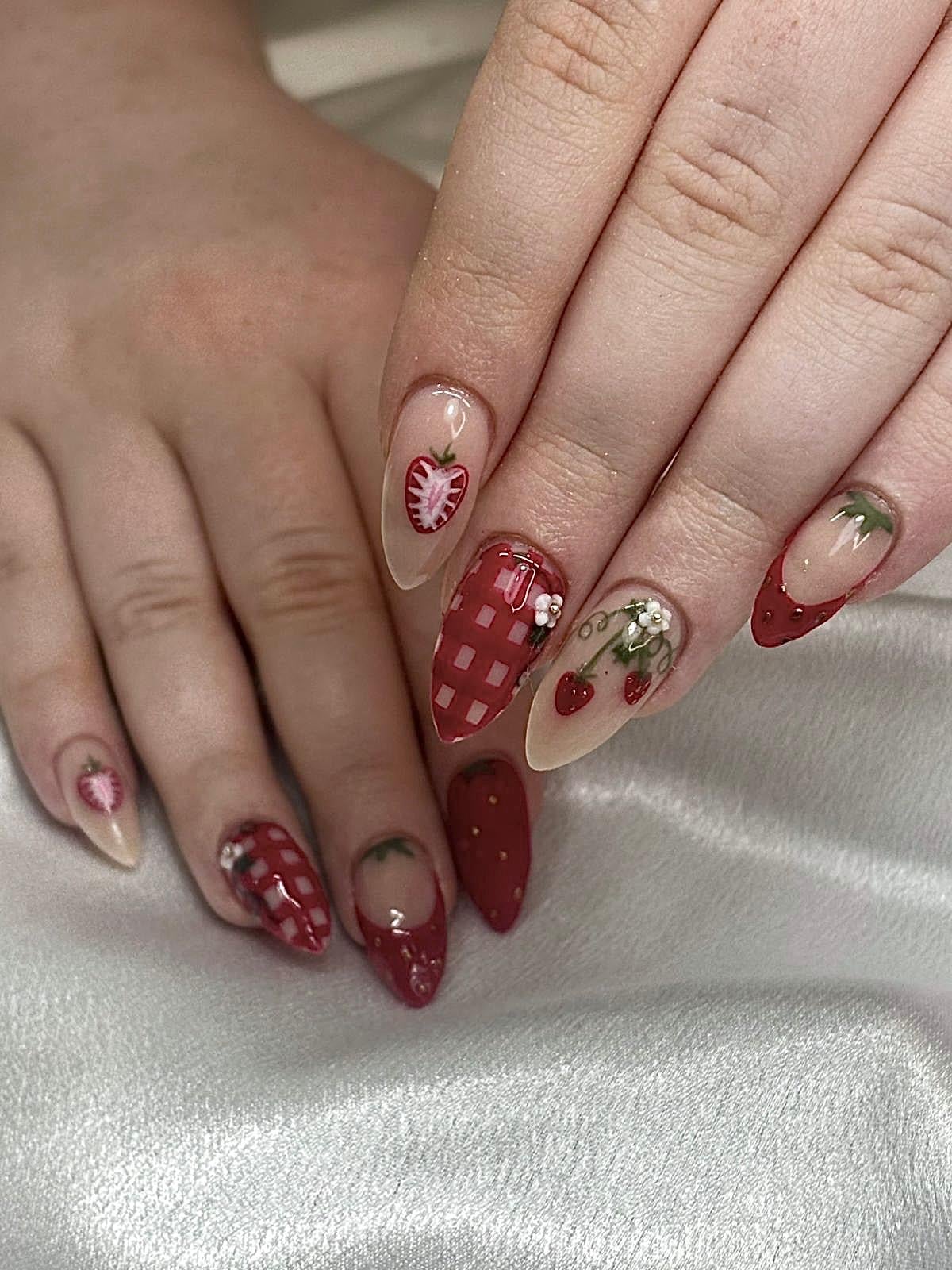 Almond nails with hand painted strawberries and red gingham